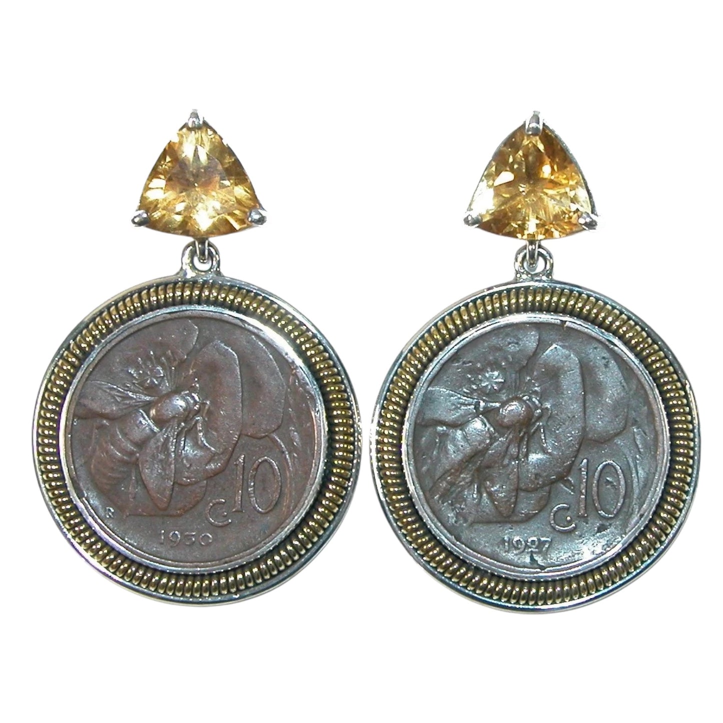 Citrine Collectable Bee Coin Sterling Silver Dangle Earrings