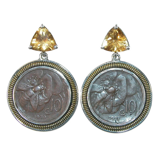 Citrine Collectable Bee Coin Sterling Silver Dangle Earrings