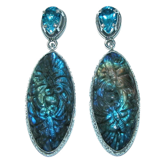 Carved Labradorite Blue Topaz Sterling Silver Drop Earrings