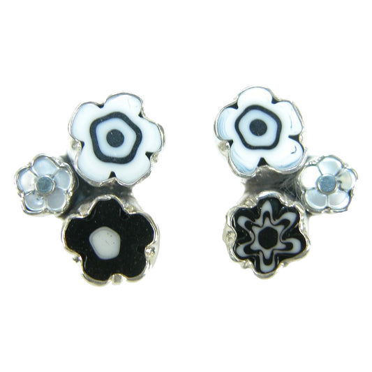 Black White Mother of Pearl Flower Cluster Sterling Silver Earrings