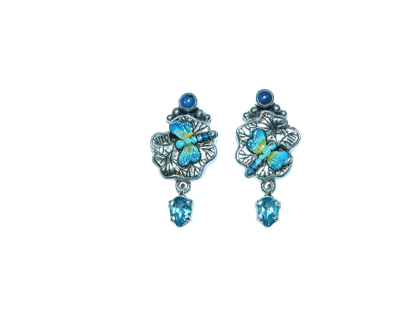 32259 Hand Enameled Dragonfly, Blue Topaz, Lapis, Sterling Silver Earrings