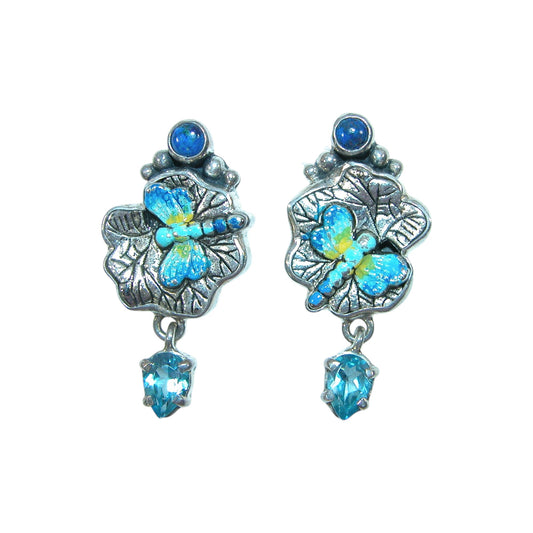 32259 Hand Enameled Dragonfly, Blue Topaz, Lapis, Sterling Silver Earrings
