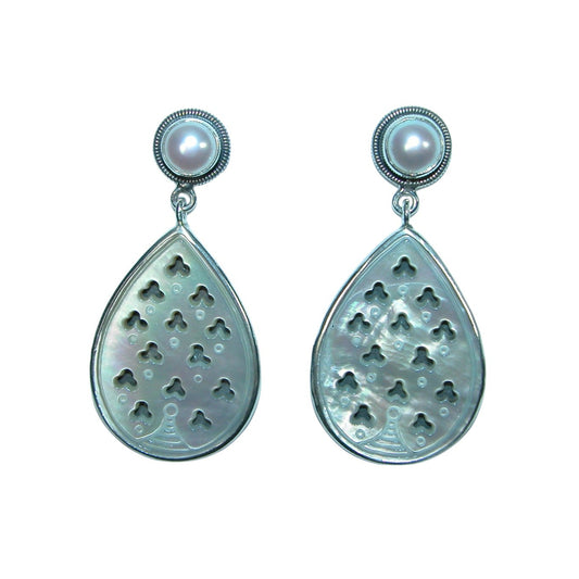 Carved Freshwater Pearl Sterling Silver Earrings