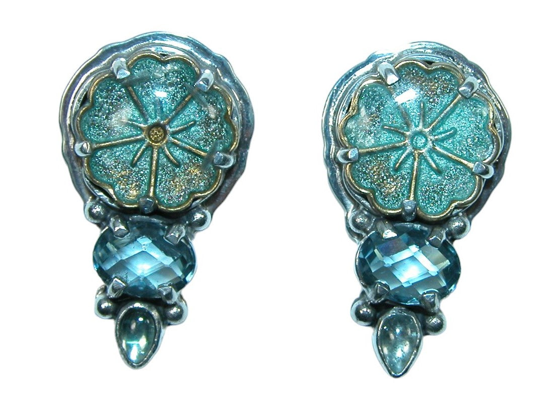 32263 Hand Enameled Flower, Blue Topaz, Aquamarine Sterling Silver Earrings