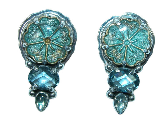 32263 Hand Enameled Flower, Blue Topaz, Aquamarine Sterling Silver Earrings
