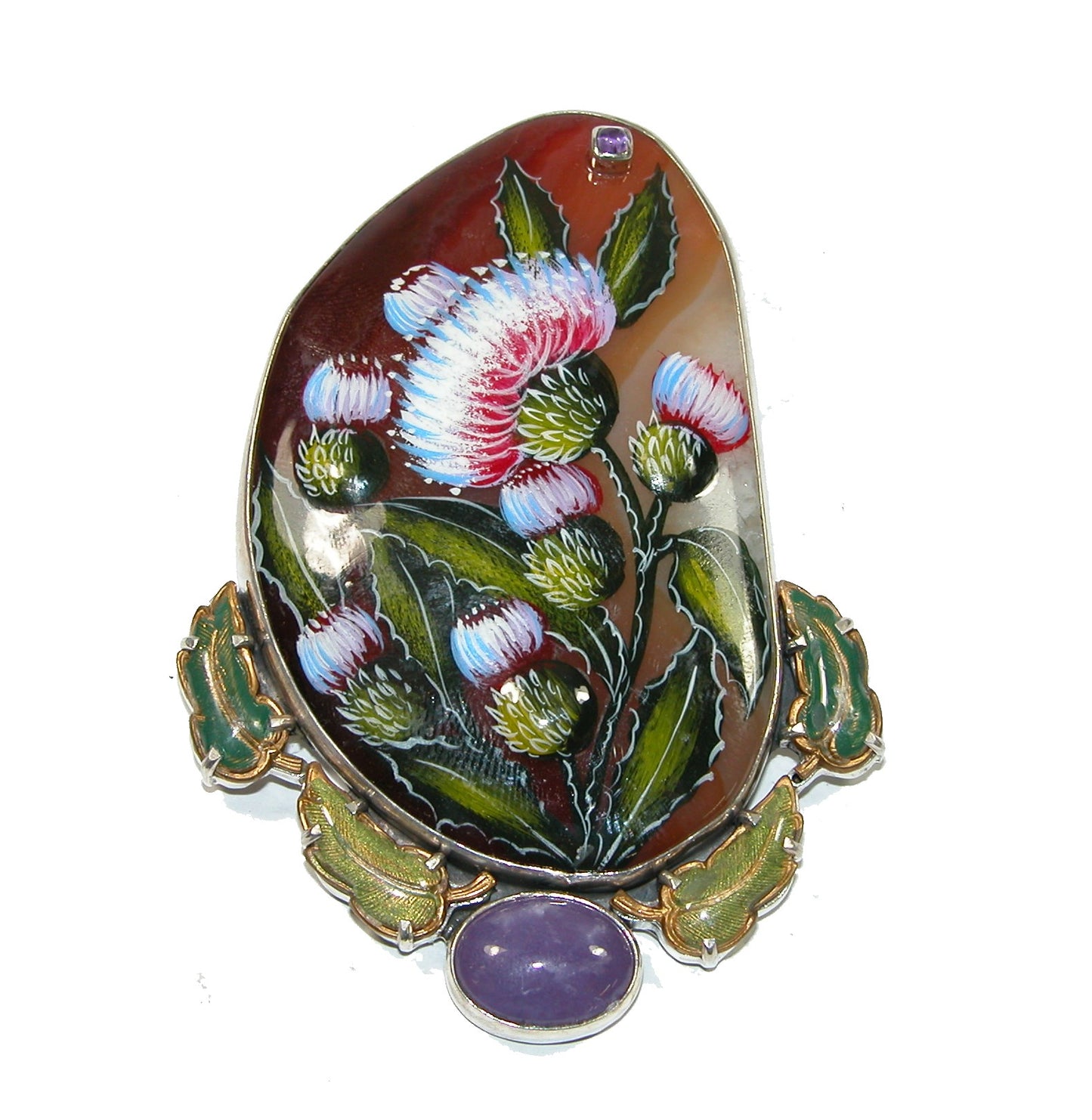 32267 Hand Painted Floral Amethyst Sterling Silver Pin and Pendant