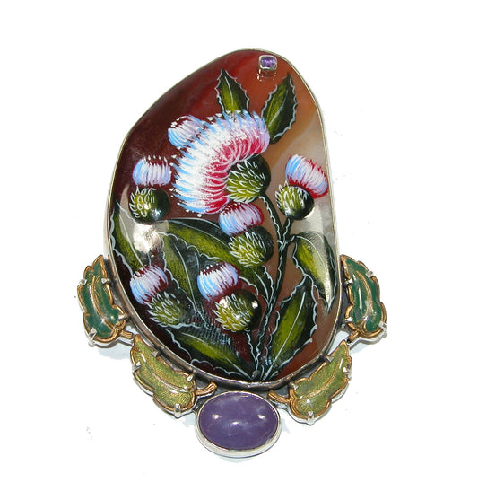 32267 Hand Painted Floral Amethyst Sterling Silver Pin and Pendant