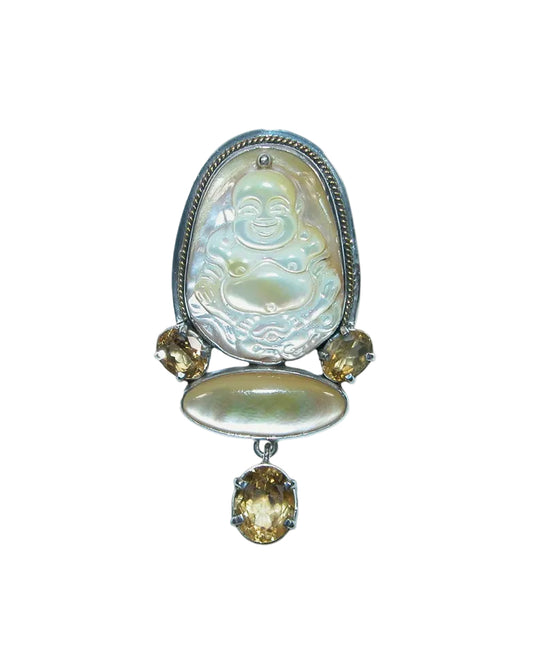 32273 Carved Mother of Pearl Buddha, Citrine Sterling Silver Pin / Pendant