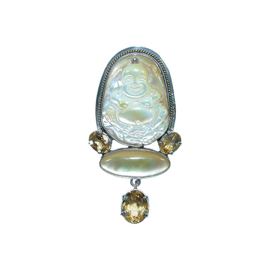 Carved Mother of Pearl Buddha and Citrine Sterling Silver Pin and Pendant