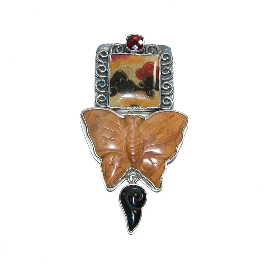 32275 Carved Butterfly and Tile Onyx Sterling Silver Pendant