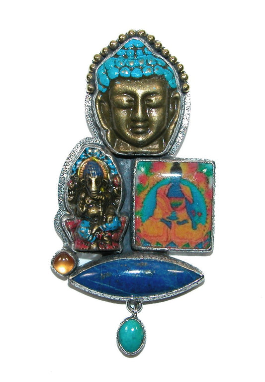 32279 Hand Enameled Buddha Head with Lapis Sterling Pin Pendant