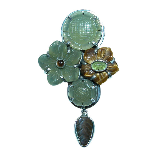 Carved Flower Tigers Eye Sterling Silver Pin and Pendant