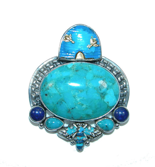 32285 Hand Enameled Beehive with Turquoise and Lapis Sterling Silver Pin Pendant
