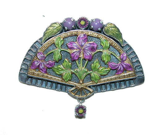 Floral Enameled Fan Sterling Silver Pin and Pendant