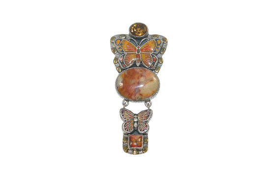 32287 Orange Enameled Butterfly Pin Pendant with Jasper