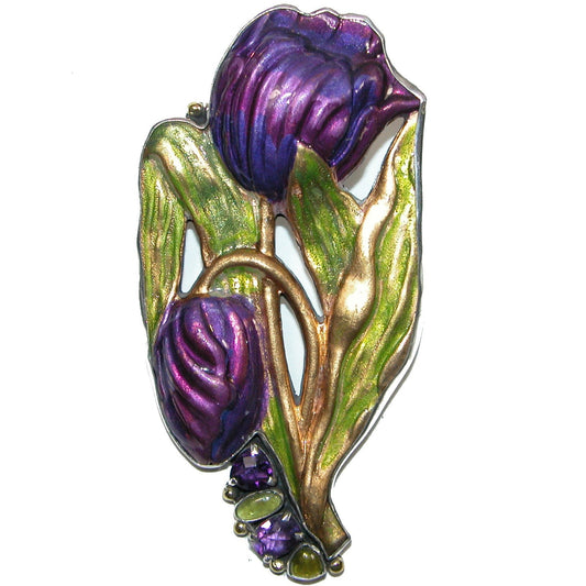 Purple Hand Enamel Floral Peridot, Amethyst Sterling Silver Pin and Pendant