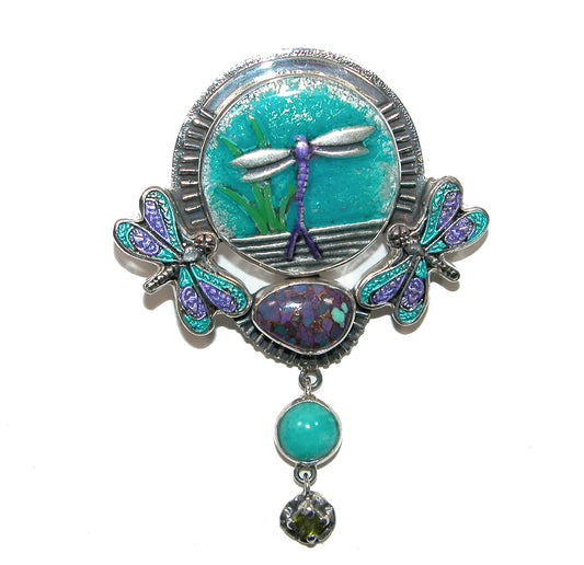 32292 Hand Enameled Dragonfly Sterling Silver Pin and Pendant