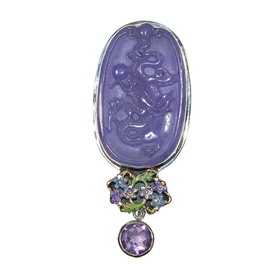 32295 Hand Carved Purple Quartz, Amethyst, Dragon, Floral Sterling Silver Pin and Pendant