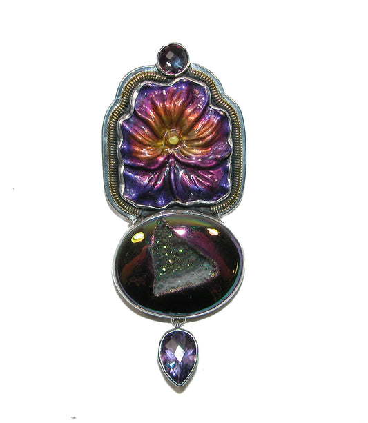 32296 Amethyst, Celestial Quartz, Drusy, Hand Enameling Sterling Silver Pin Pendant