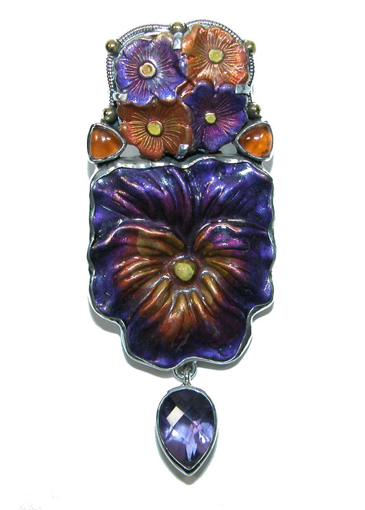 Hand Painted Enamel Floral Sterling Silver Pin and Pendant