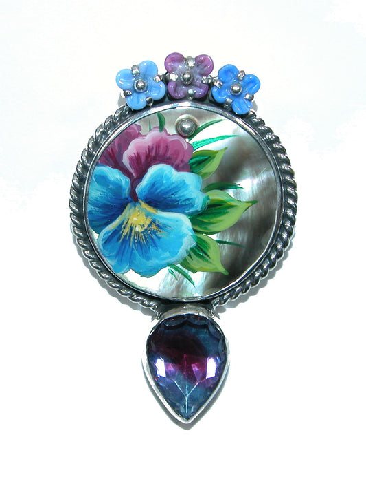 32299 Mother of Pearl, Glass Hand Painted Floral Sterling Silver Pin and Pendant