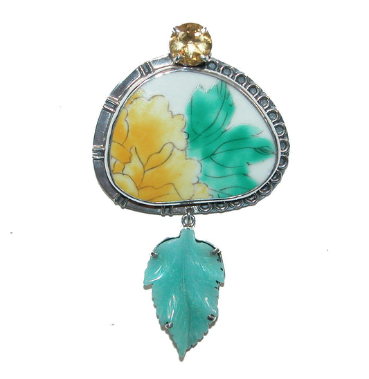 Carved Leaf Enameled Citrine Sterling Silver Pin and Pendant