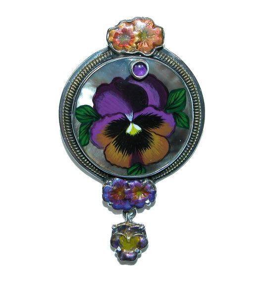 32307 Hand Painted Tile, Amethyst Sterling Silver Pin Pendant