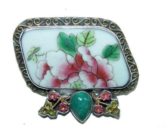 32309 Porcelain Chard Azurite, Hand Enameling Sterling Silver Pin and Pendant