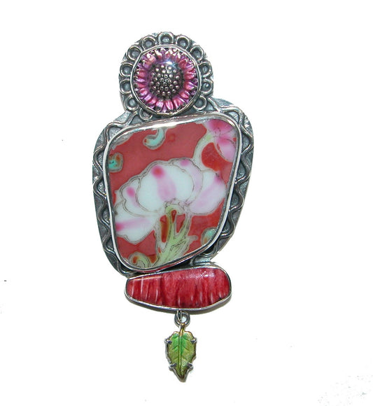 32312 Painted Floral on Porcelain Sterling Silver Pin Pendant