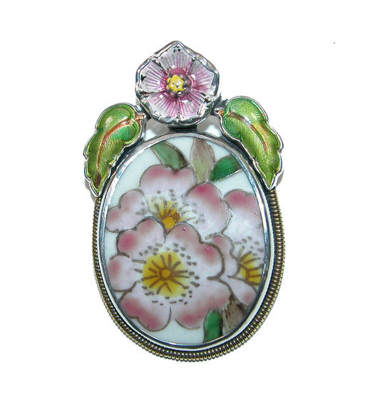 Pink Floral Porcelain Sterling Silver Pin and Pendant