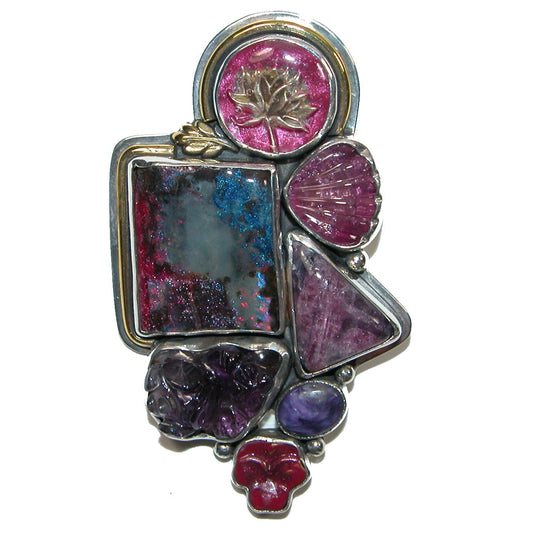 32323 Hand Enamel Lotus, Boulder Opal Cluster Sterling Silver Pin and Pendant