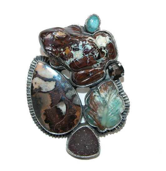 Hand Carved Boulder Opal Frog Pin Pendant