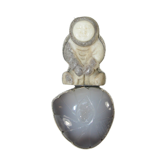 32327 Hand Carved Naturally Fallen Antler, Brazilian Agate, Druzy Sterling Silver Pin and Pendant