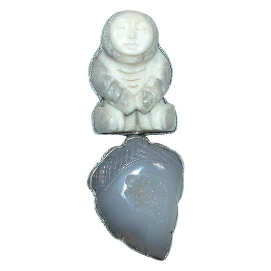 32327A Hand Carved Naturally Fallen Antler, Brazilian Agate, Drusy Sterling Silver Pin and Pendant