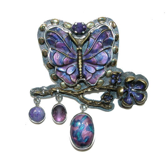 32329 Hand Enameled Purple Butterfly with Amethyst Sterling Pin or Pendant