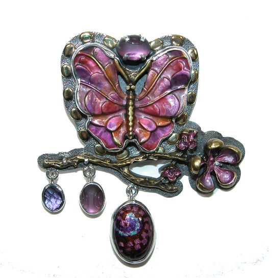 32329 Pink Quartz, Amethyst Hand Enameled Sterling Silver Pin and Pendant