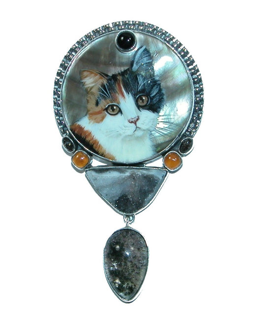 Calico Kitten Drusy Agate Sterling Silver Pin Pendant 32332