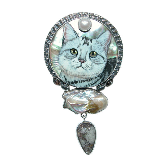 32334 Hand Painted Mosaic Pearl Sterling Silver Pin and Pendant
