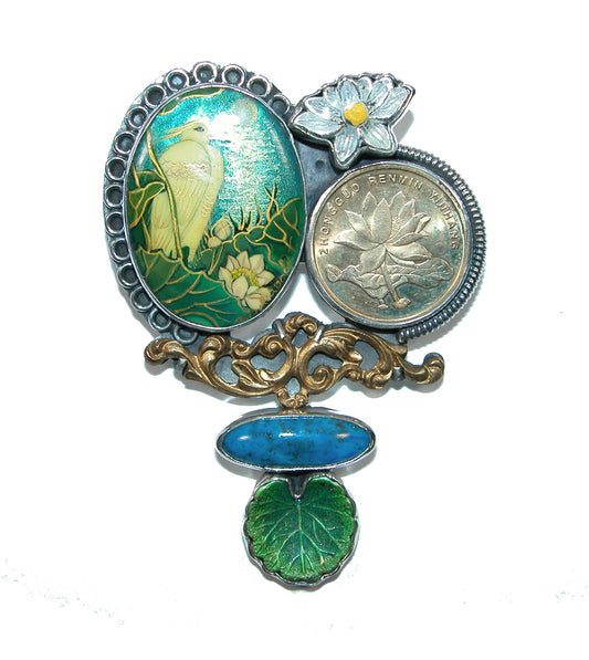 32337 Hand Painted Mini on MOP, Sterling Silver Pin Pendant