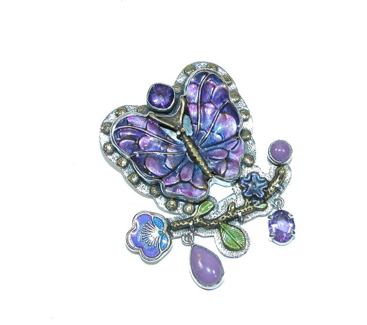 Hand Enameled Purple Butterfly with Amethyst and Phosphosiderite