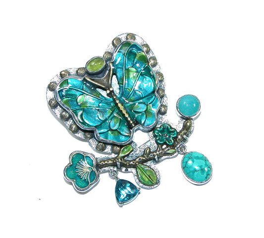 32338B Hand Enameled Blue Green Butterfly Pin Pendant