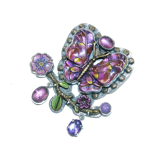 32338A Hand Enameled Pink Butterfly with Amethyst and Phosphosiderite Sterling Silver Pin and Pendant