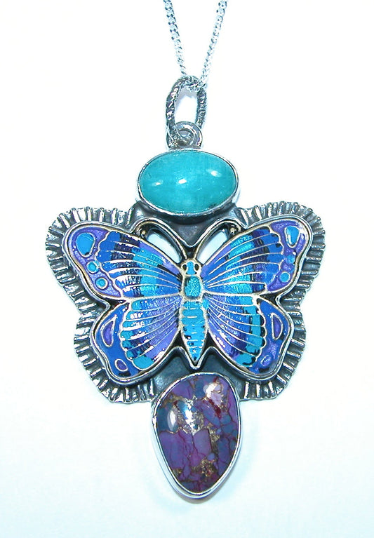 32339 Amazonite, Turquoise, Hand Enameled Butterfly Sterling Silver Pendant