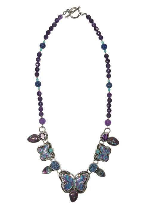 32352 Hand Enameled Butterfly Necklace with Amethyst and Toggle