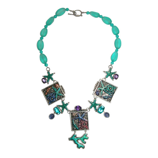 Iolite, Amethyst, Celestial Quartz, Amazonite, Beach Glass Beaded Sterling Silver Necklace