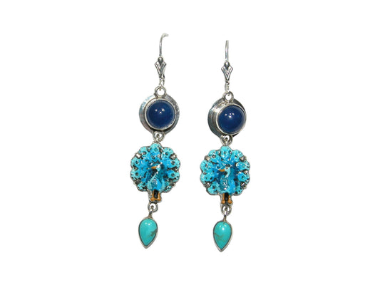 32389L Lapis, Hand Enamel Peacock, Turquoise, Sterling Silver Earnings