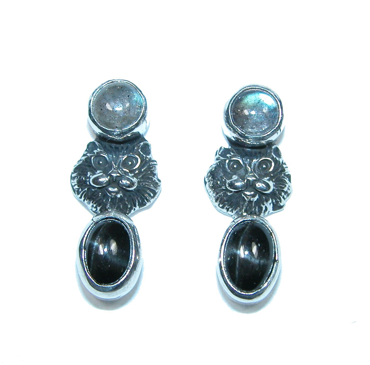 32390A Lion Moonstone Onyx Sterling Silver Earrings