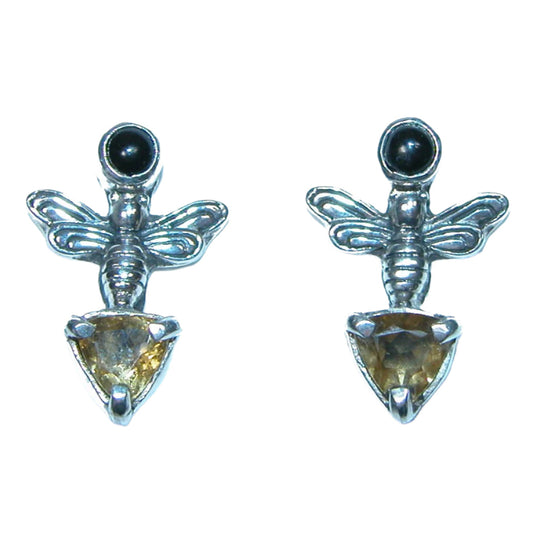 Tiny Bee Citrine Black Onyx Sterling Silver Earrings