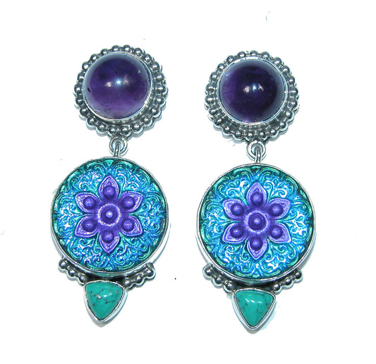 32393 Amethyst, Turquoise and Czech Glass Sterling Silver Stud Earrings