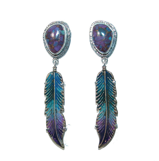 32402 Purple Turquoise Dangling Feather Enameled Sterling Silver Earrings